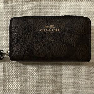 Coach Double Zip Small Card Wallet/Coin Pouch Brown Signature Monogram EUC